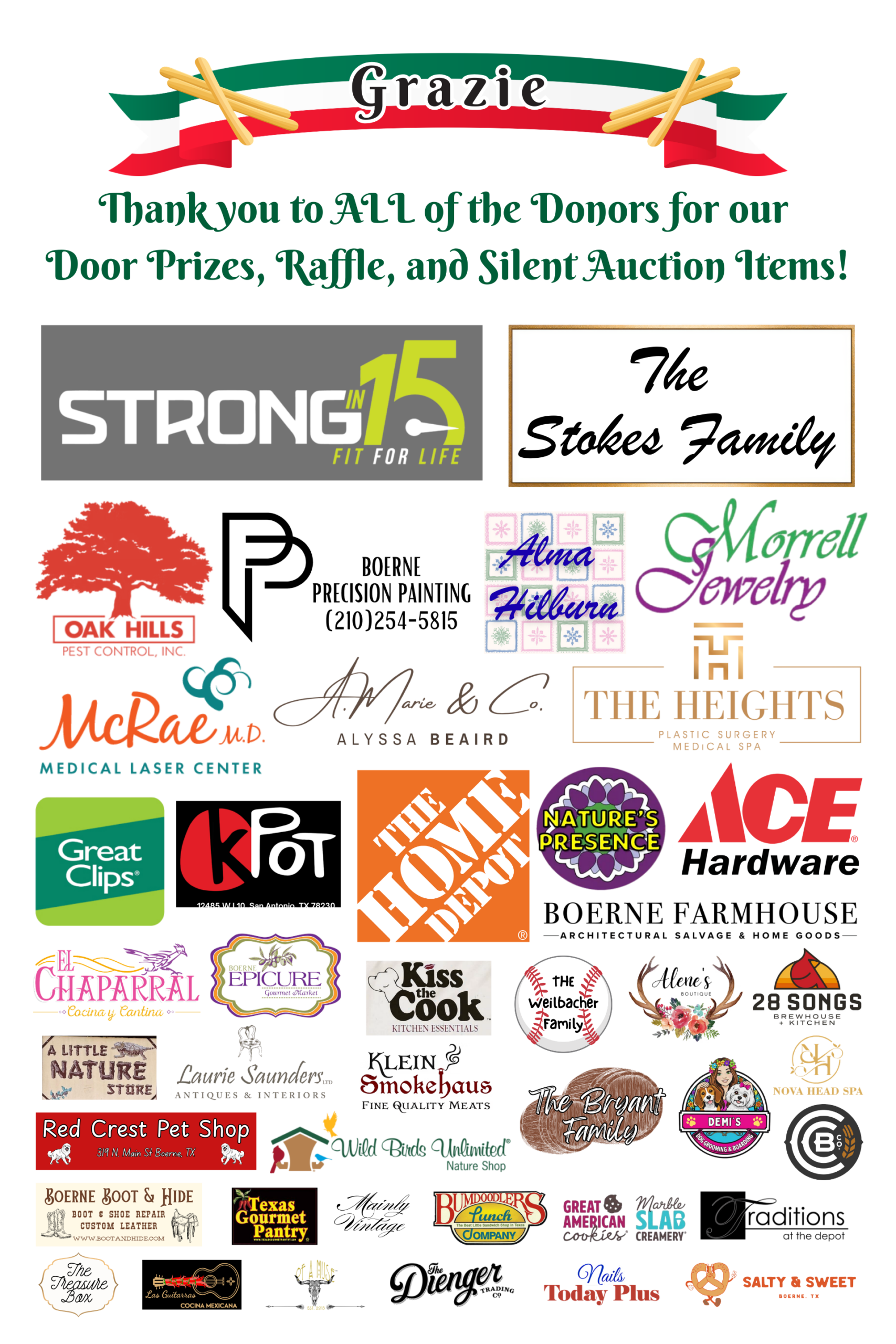 Header for the spaghetti dinner Thursday March 7 2025 at 202 W Kronosky Boerne, TX 78006 from 5pm to 7pm