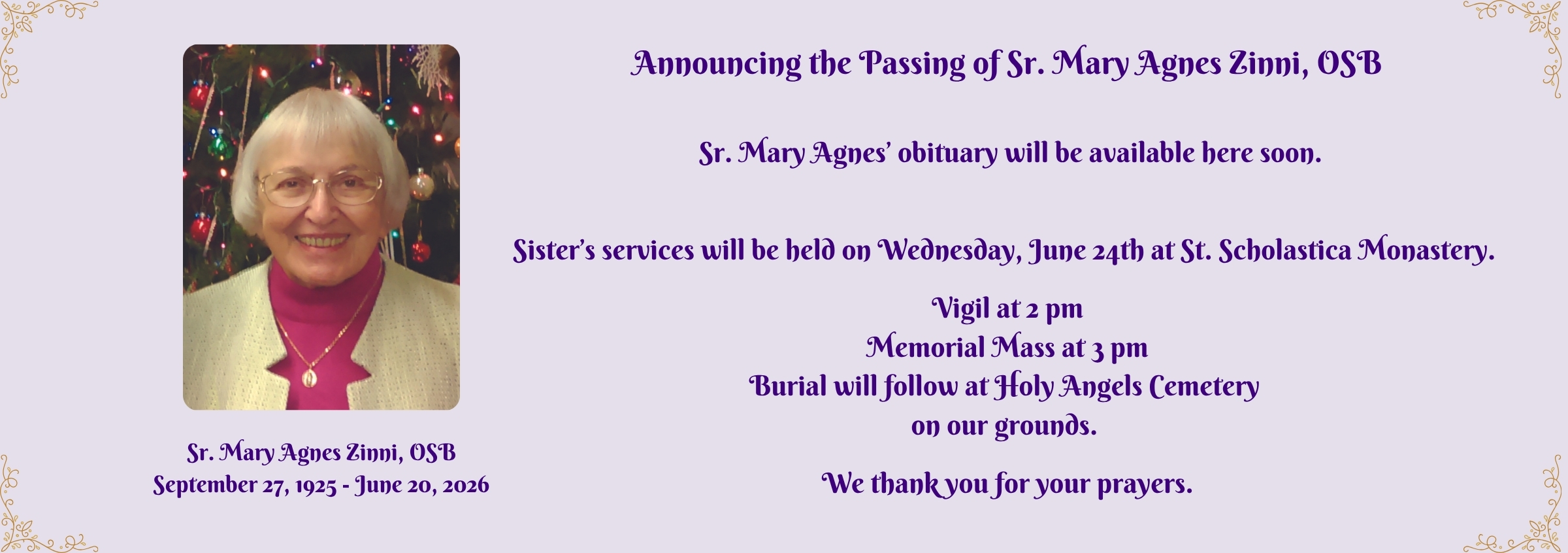 Announcing the Passing of Sr. Mary Agnes Zinni, OSB